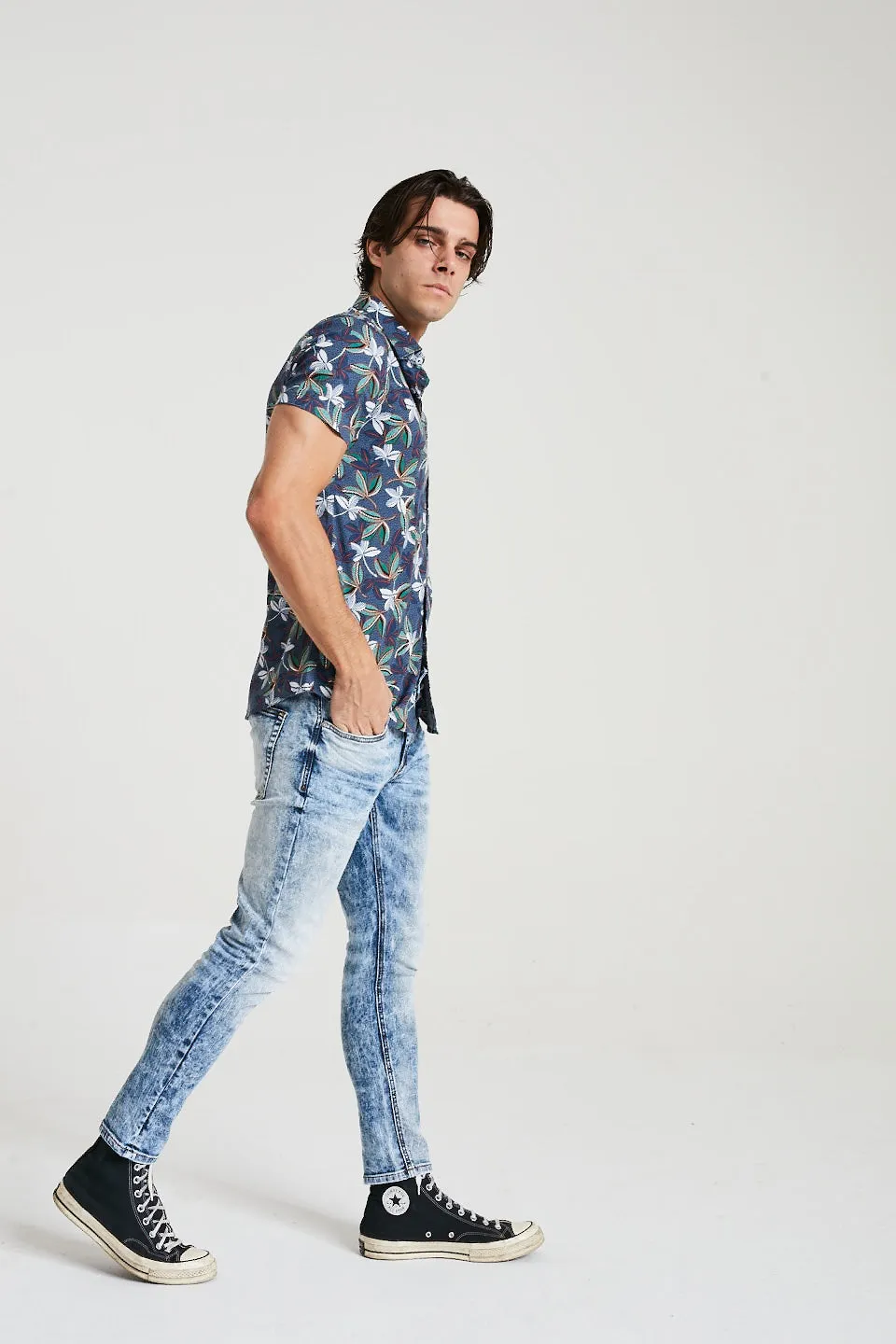 Short Sleeve Floral Print Shirt In Blue