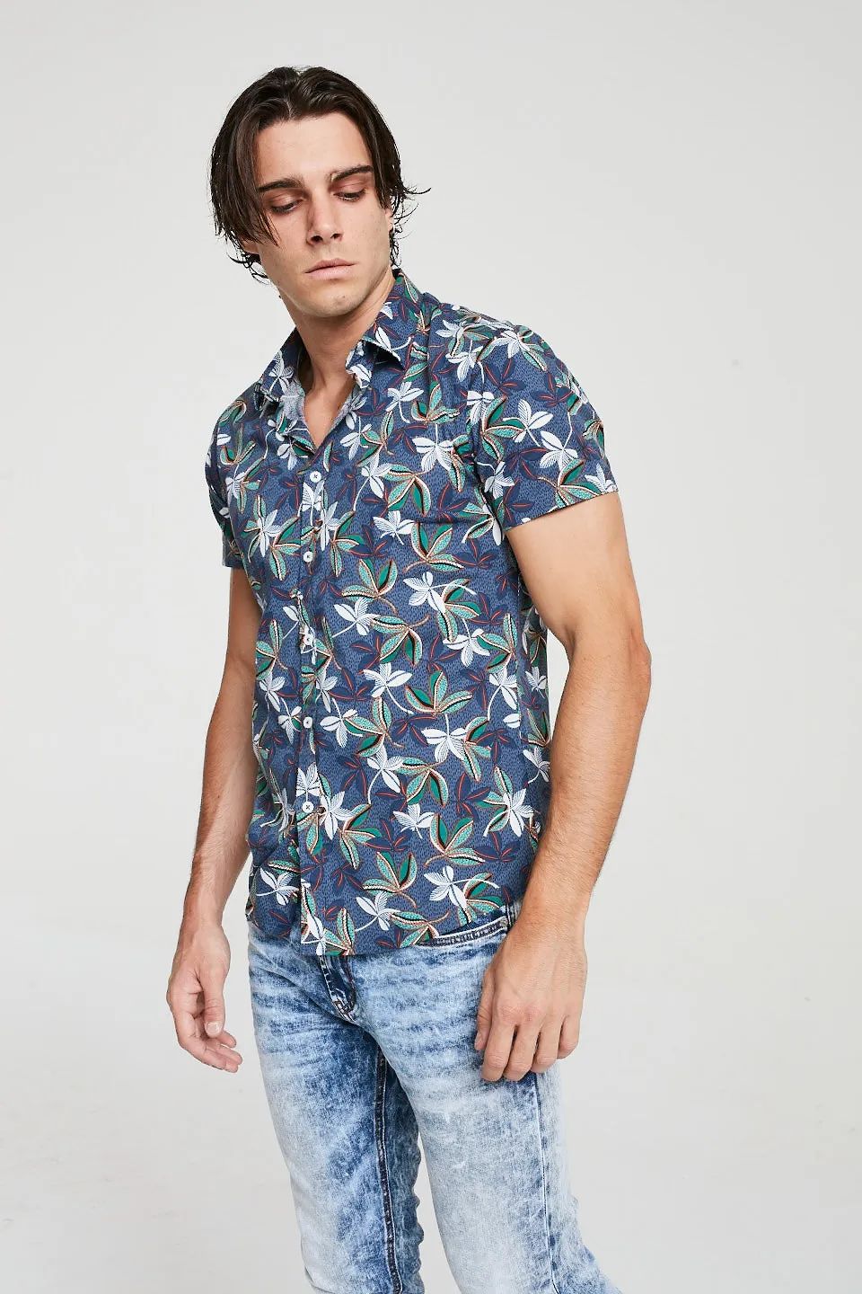 Short Sleeve Floral Print Shirt In Blue