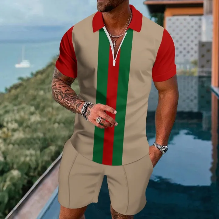 Short Sleeve Zip Polo Classic Striped Board Shorts Set 2404001262