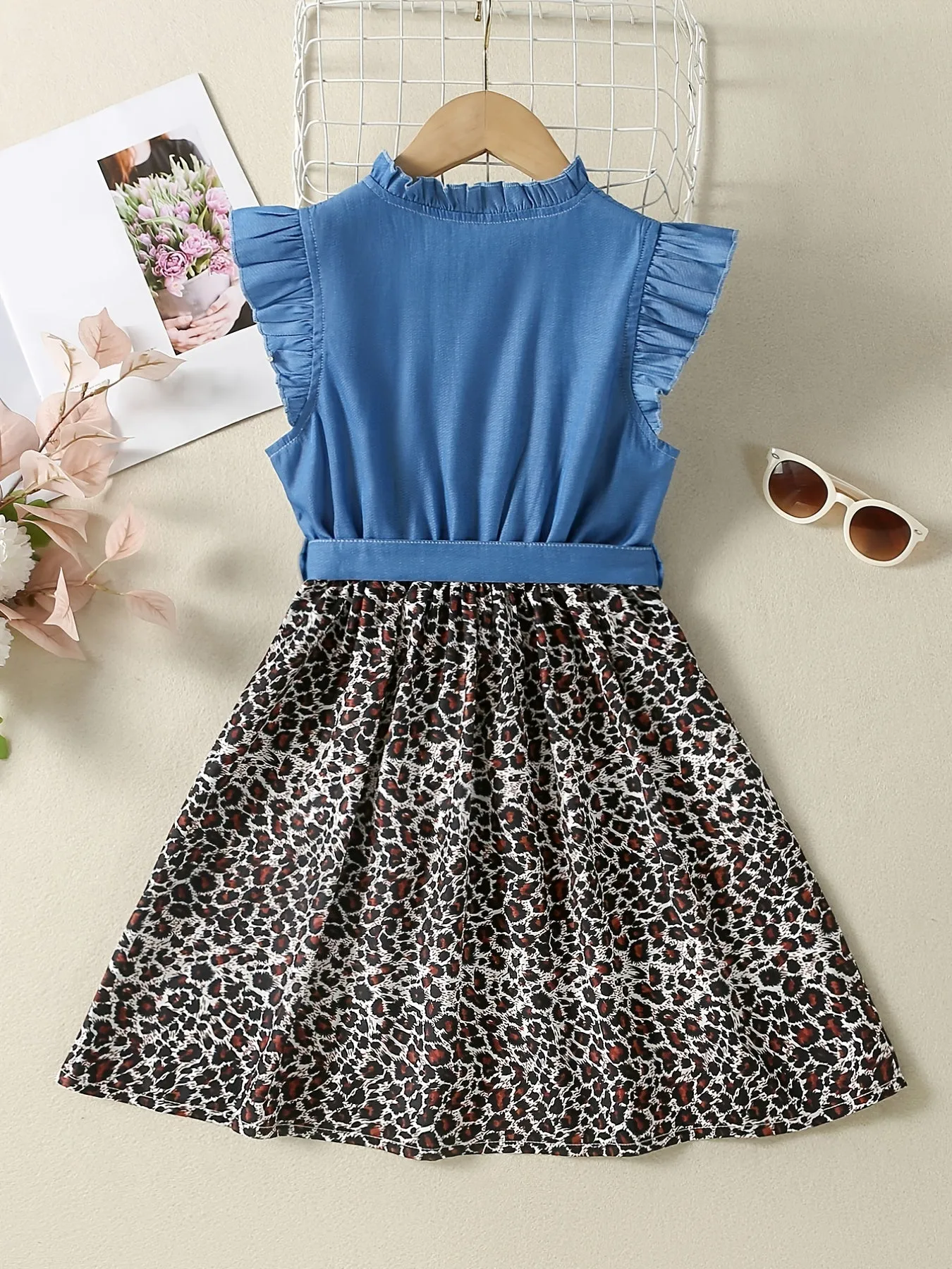 Sleeveless Ruffle Denim Leopard Print Splicing Princess Dress