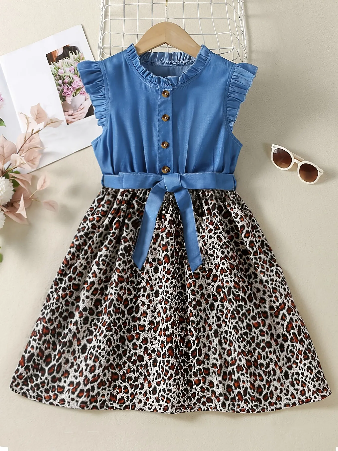 Sleeveless Ruffle Denim Leopard Print Splicing Princess Dress