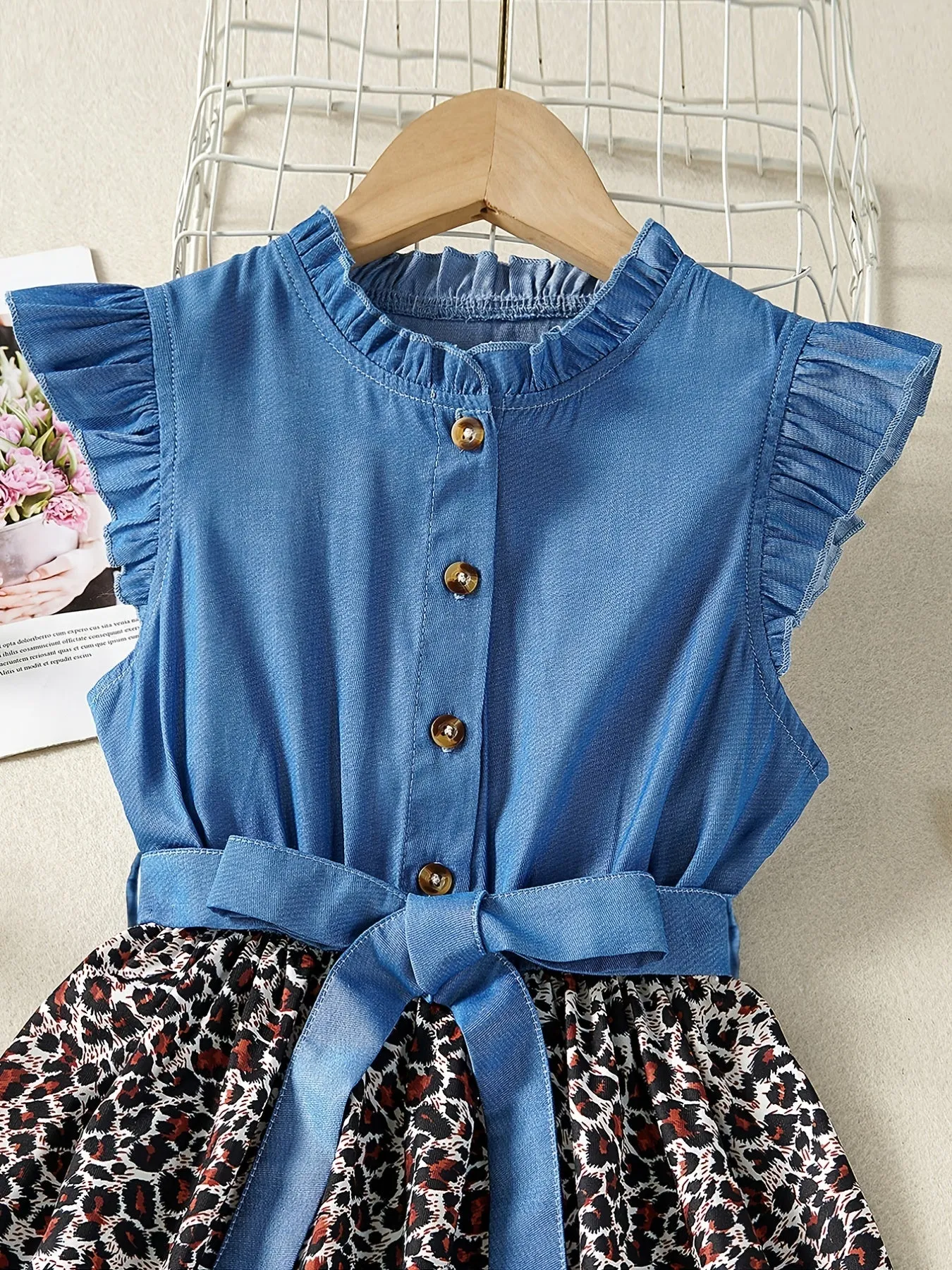 Sleeveless Ruffle Denim Leopard Print Splicing Princess Dress