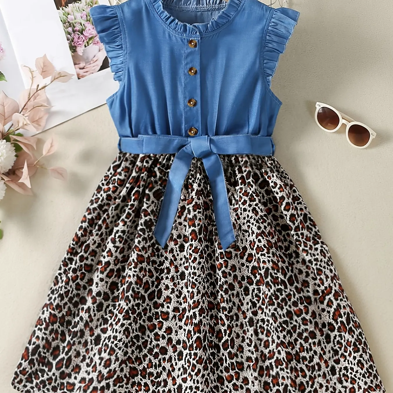 Sleeveless Ruffle Denim Leopard Print Splicing Princess Dress