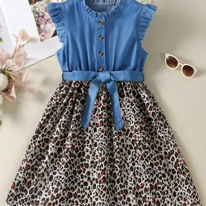 Sleeveless Ruffle Denim Leopard Print Splicing Princess Dress