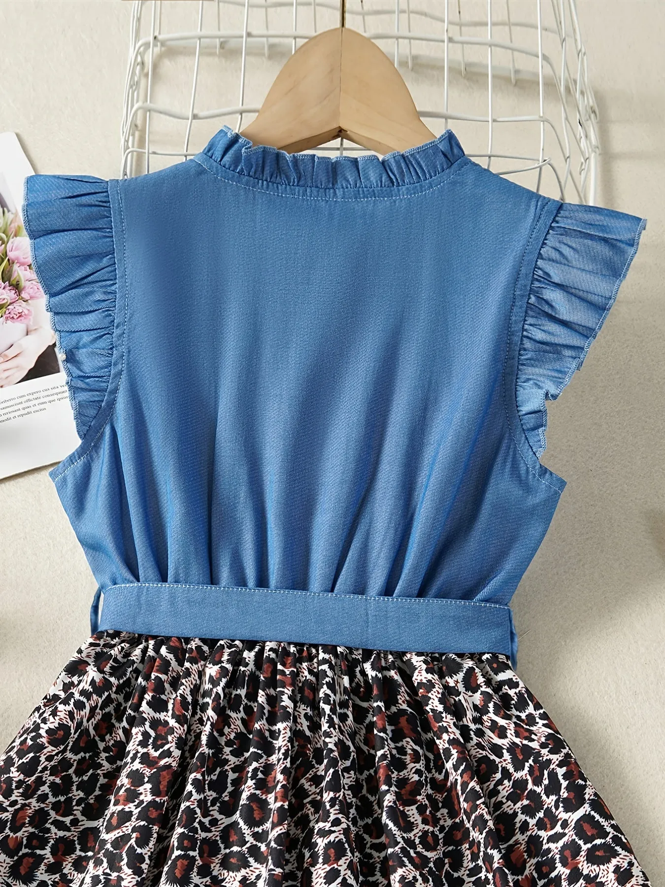 Sleeveless Ruffle Denim Leopard Print Splicing Princess Dress