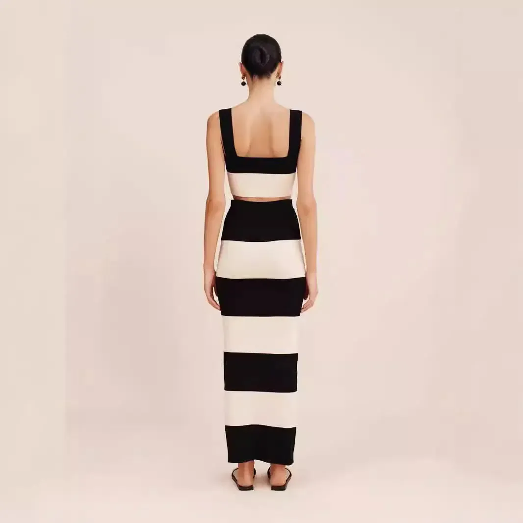 Striped Knitted Sling Sweater Dress - Long Vest Style Outfit