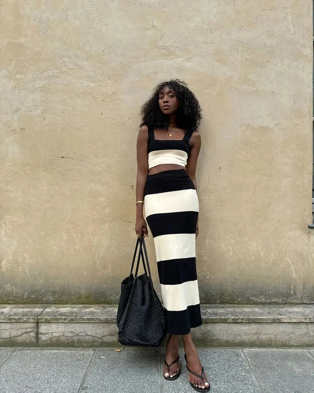 Striped Knitted Sling Sweater Dress - Long Vest Style Outfit