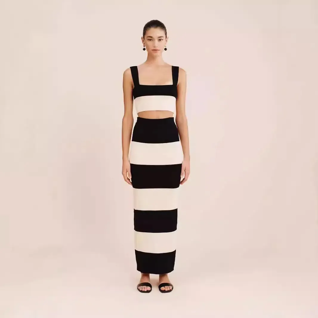 Striped Knitted Sling Sweater Dress - Long Vest Style Outfit