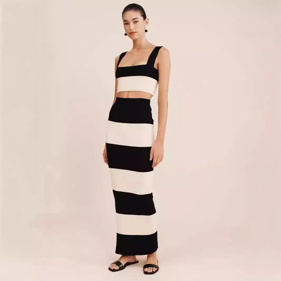 Striped Knitted Sling Sweater Dress - Long Vest Style Outfit