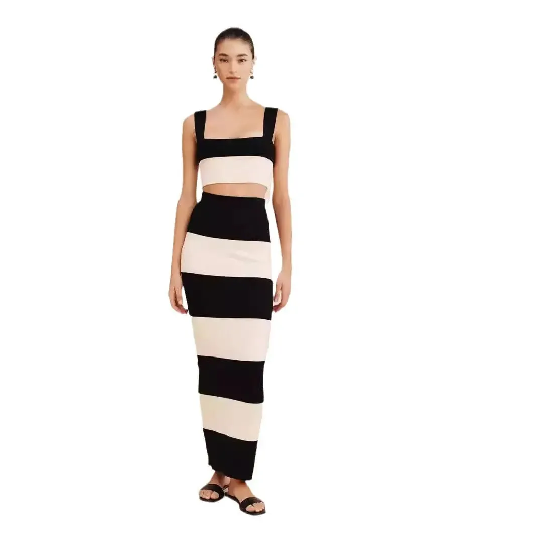 Striped Knitted Sling Sweater Dress - Long Vest Style Outfit