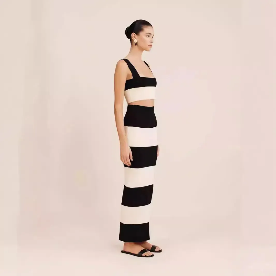 Striped Knitted Sling Sweater Dress - Long Vest Style Outfit