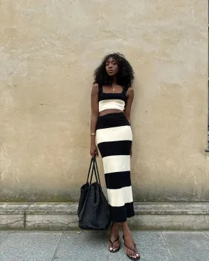 Striped Knitted Sling Sweater Dress - Long Vest Style Outfit