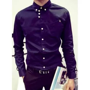 Turn-Down Collar Oblique Pocket Design Long Sleeve Men's Button-Down Shirt - Deep Blue L