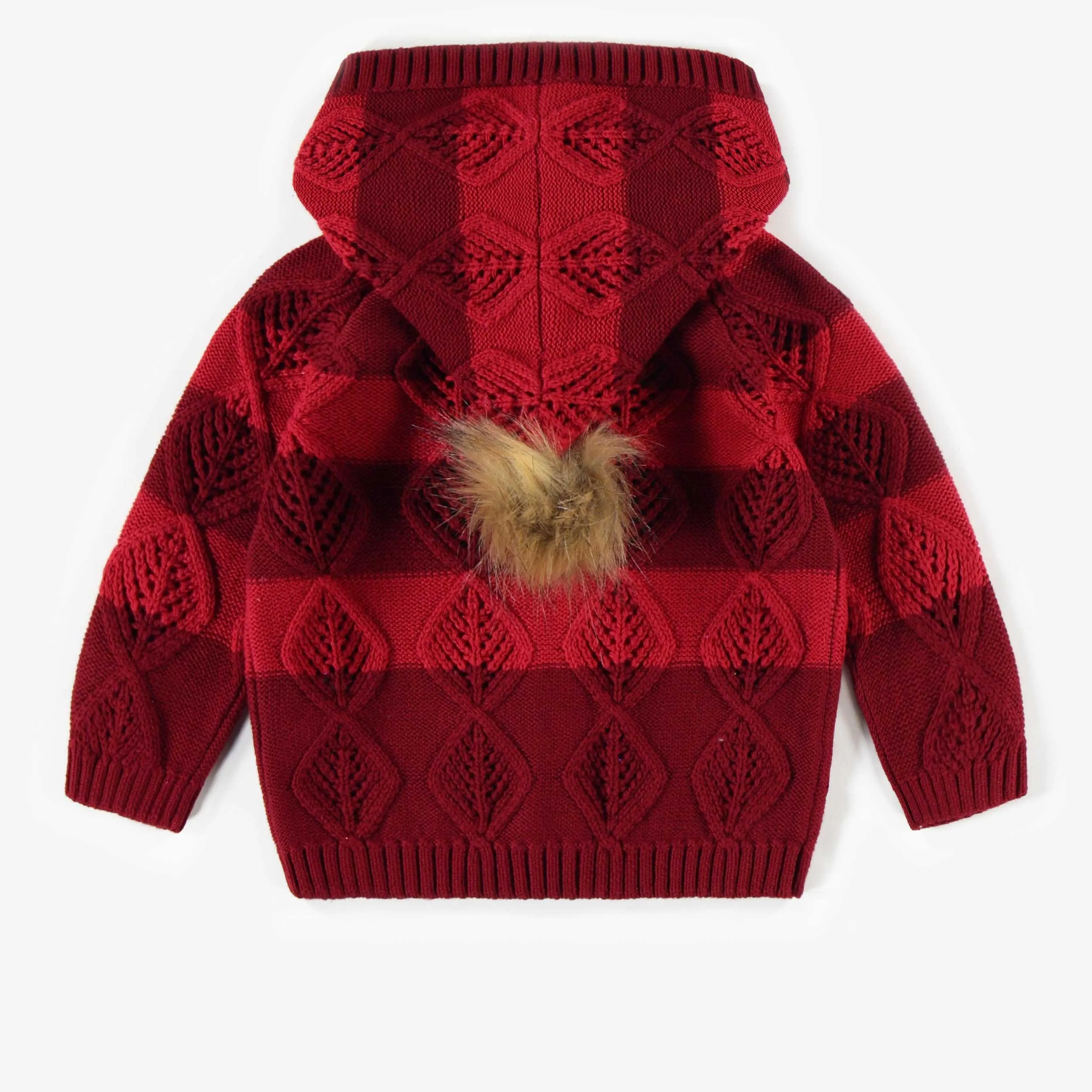 Veste à capuchon rouge de maille en polyester recyclé, bébé || Red knitted vest hoodie in recycled polyester, baby