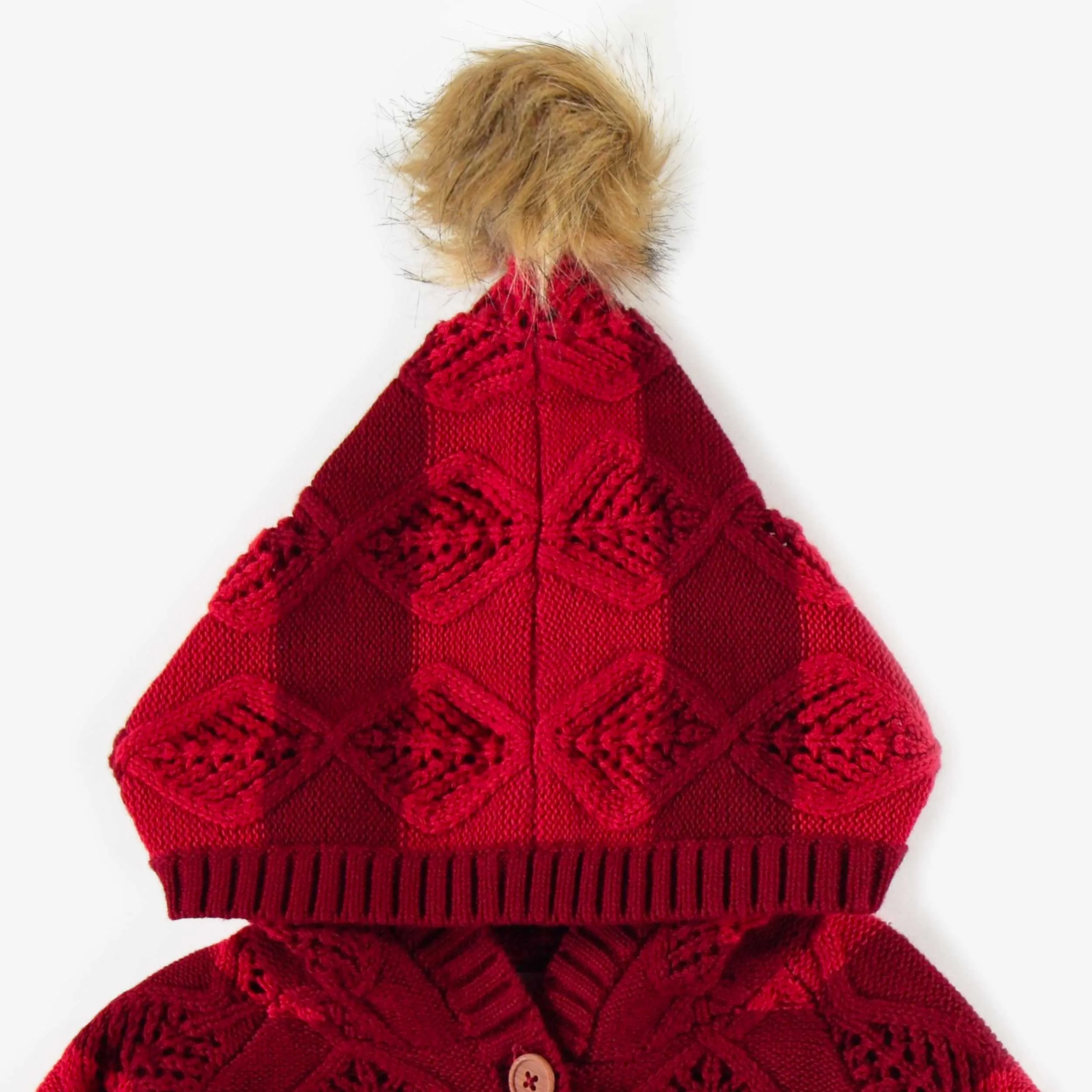 Veste à capuchon rouge de maille en polyester recyclé, bébé || Red knitted vest hoodie in recycled polyester, baby