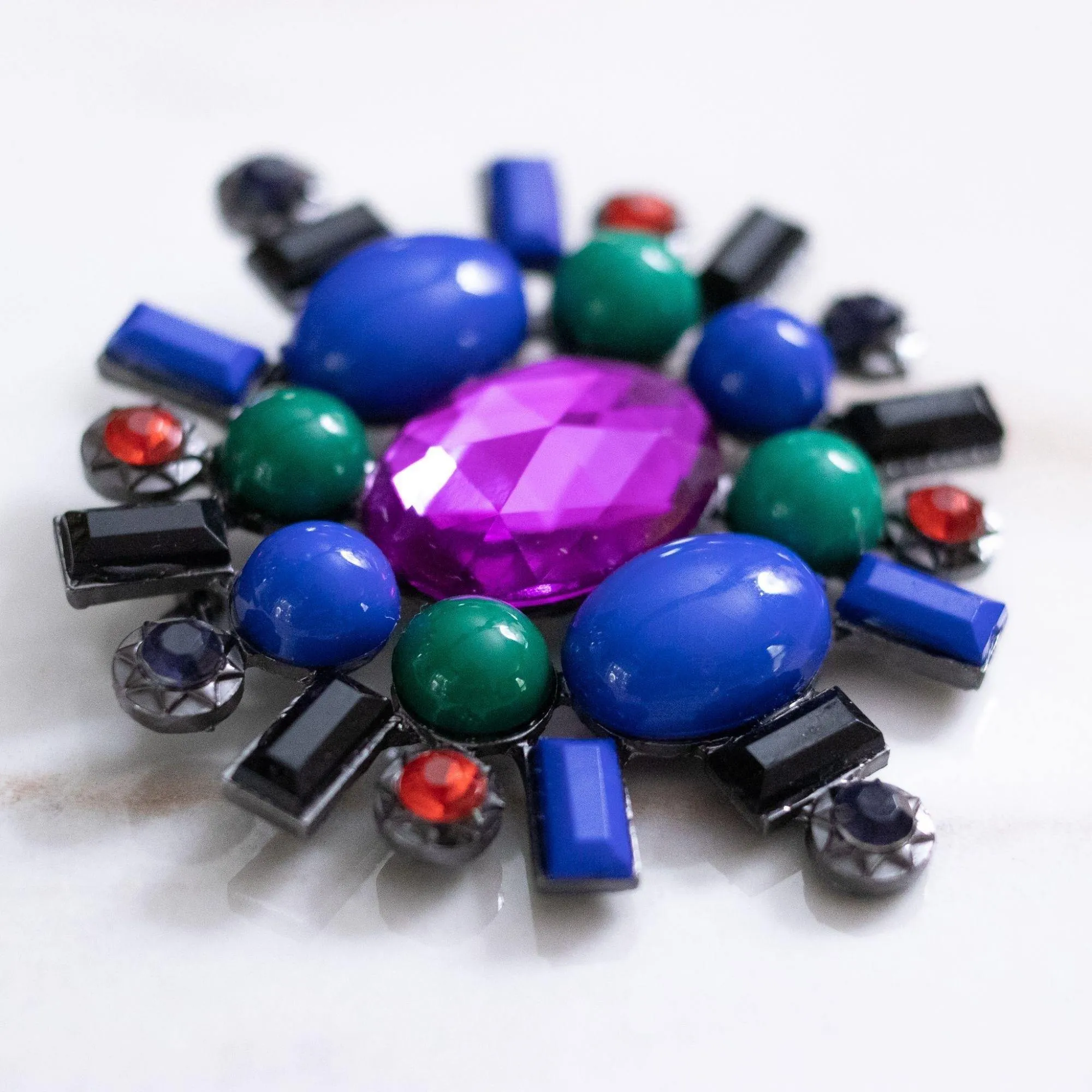 Vintage Blue, Green, Jet, Purple, and Red Rhinestone Brooch