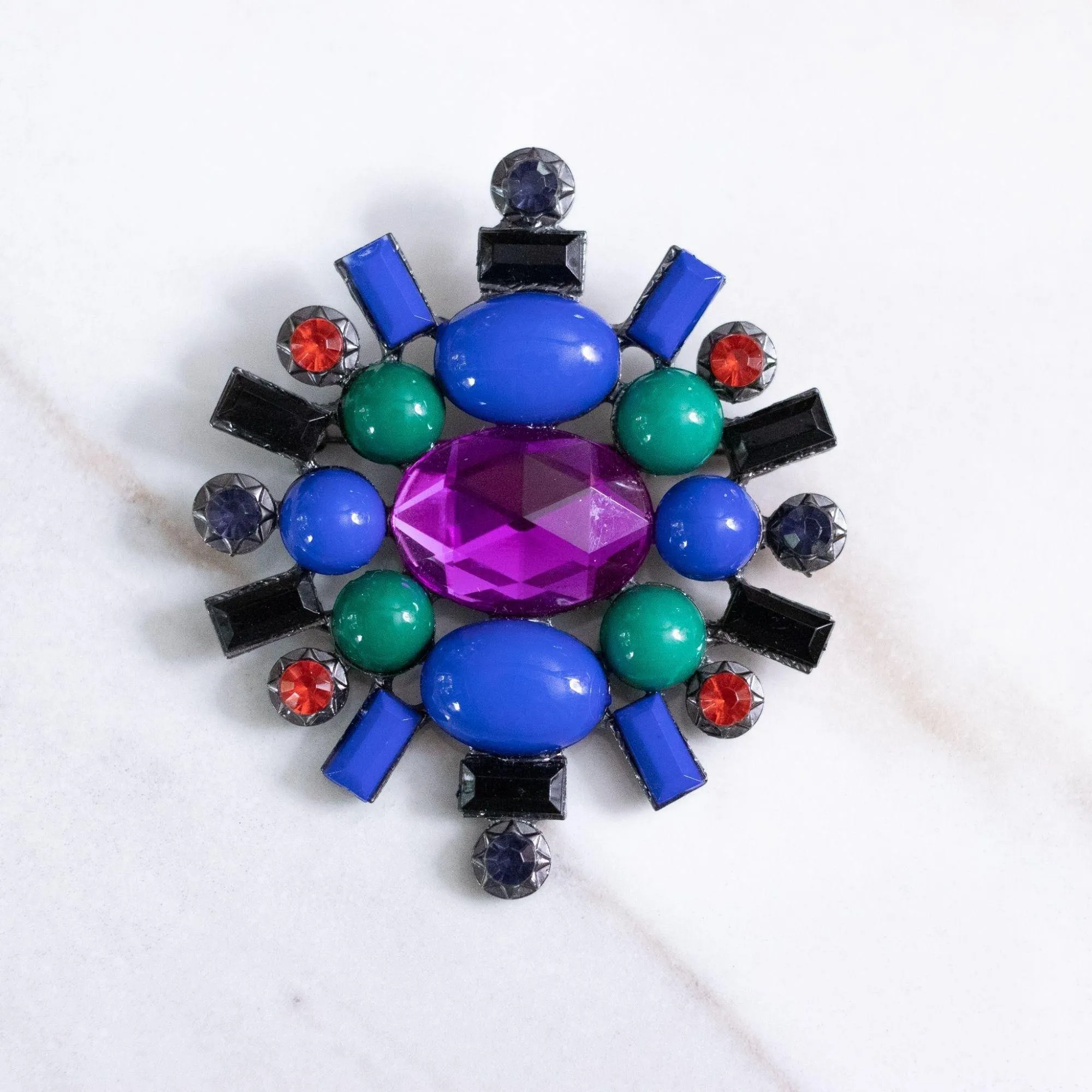 Vintage Blue, Green, Jet, Purple, and Red Rhinestone Brooch