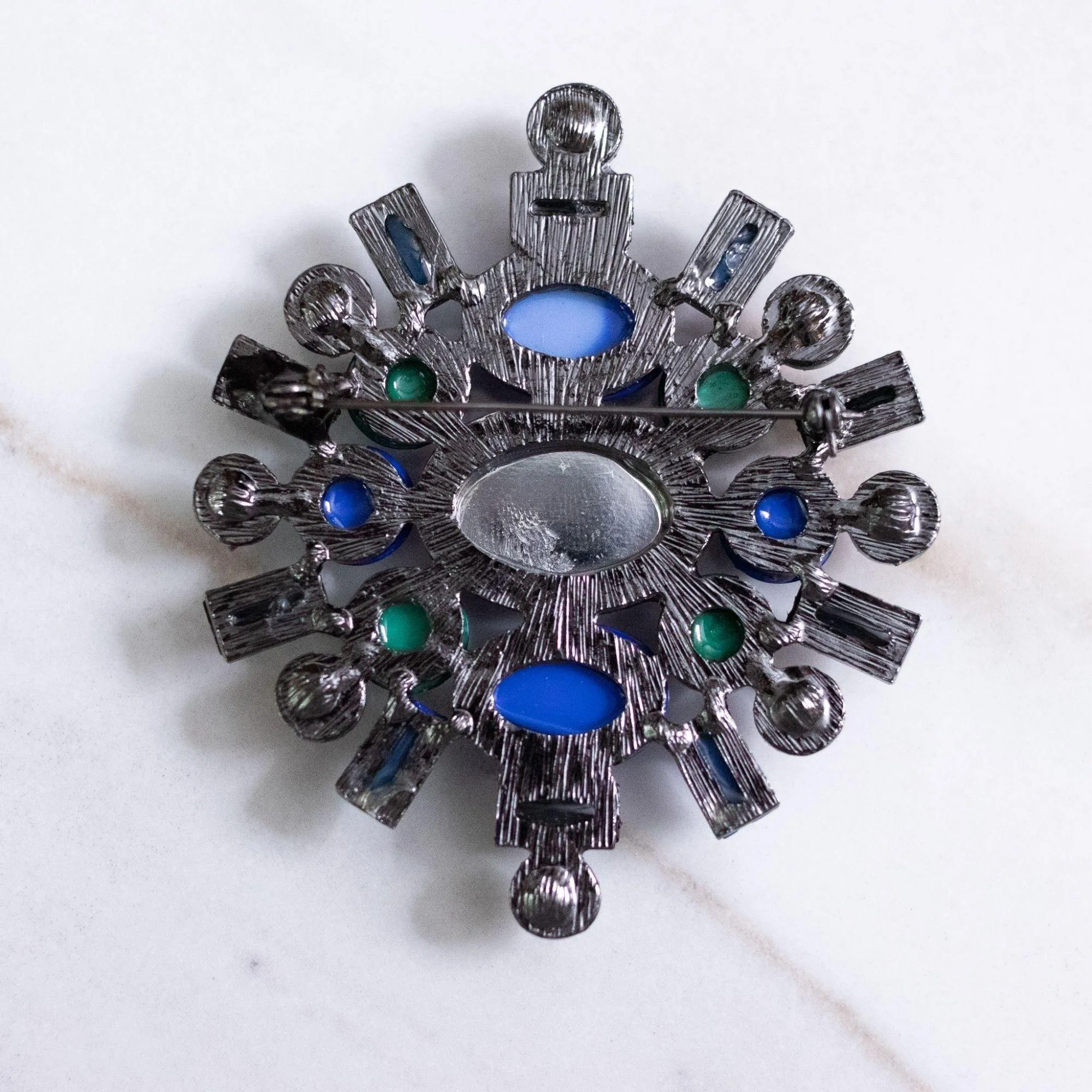 Vintage Blue, Green, Jet, Purple, and Red Rhinestone Brooch