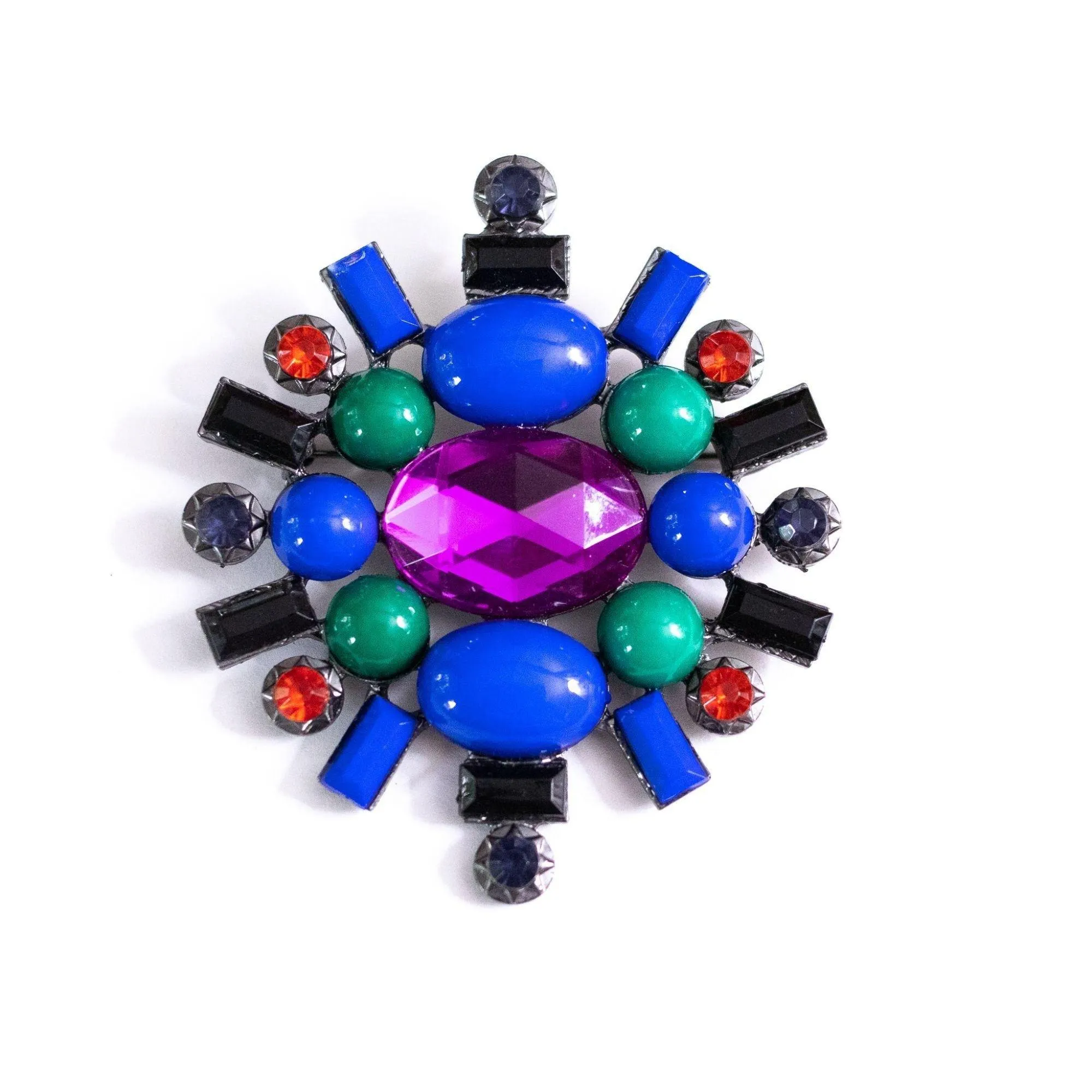 Vintage Blue, Green, Jet, Purple, and Red Rhinestone Brooch