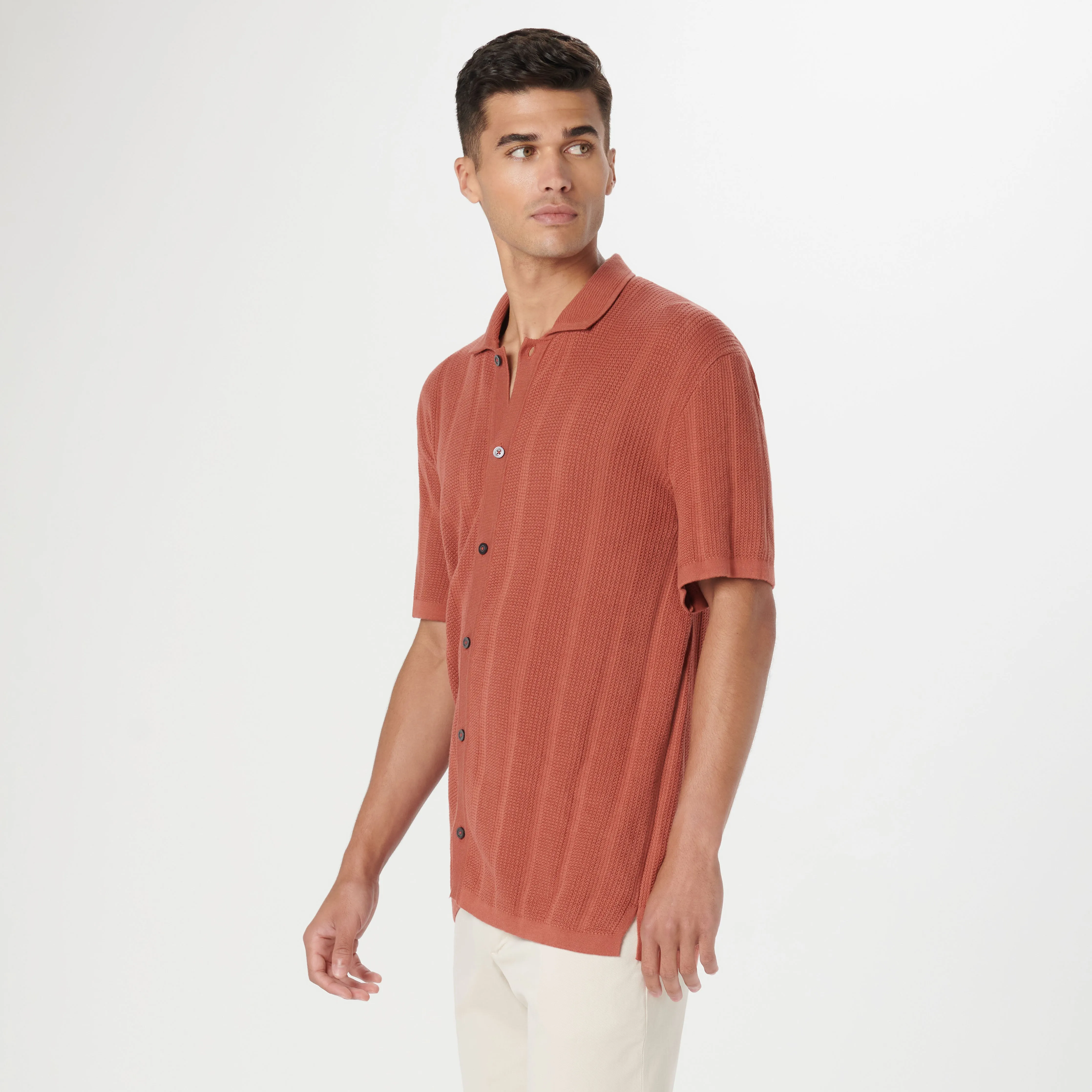 Waffle Rib Full Button Short Sleeve Polo Sweater