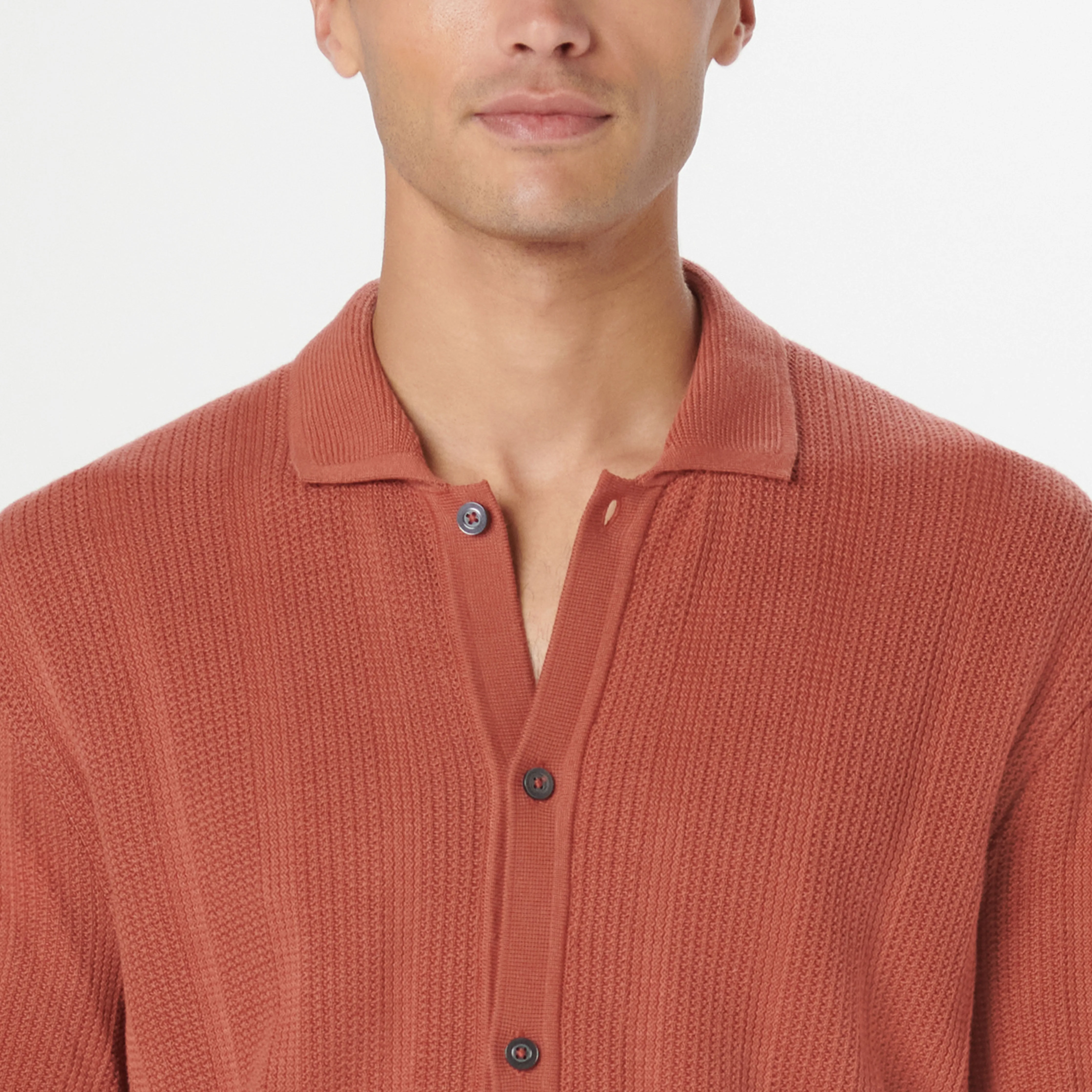 Waffle Rib Full Button Short Sleeve Polo Sweater