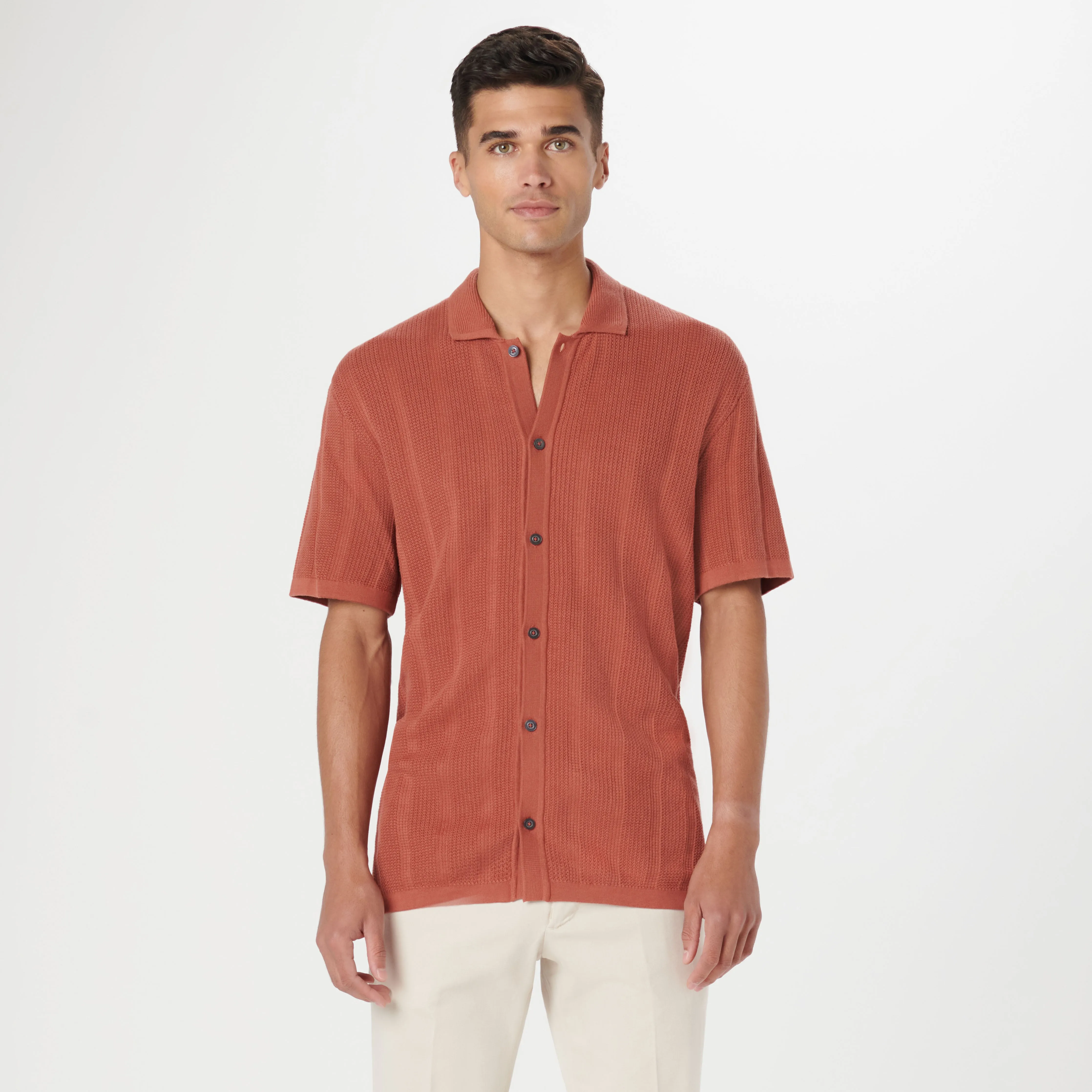 Waffle Rib Full Button Short Sleeve Polo Sweater