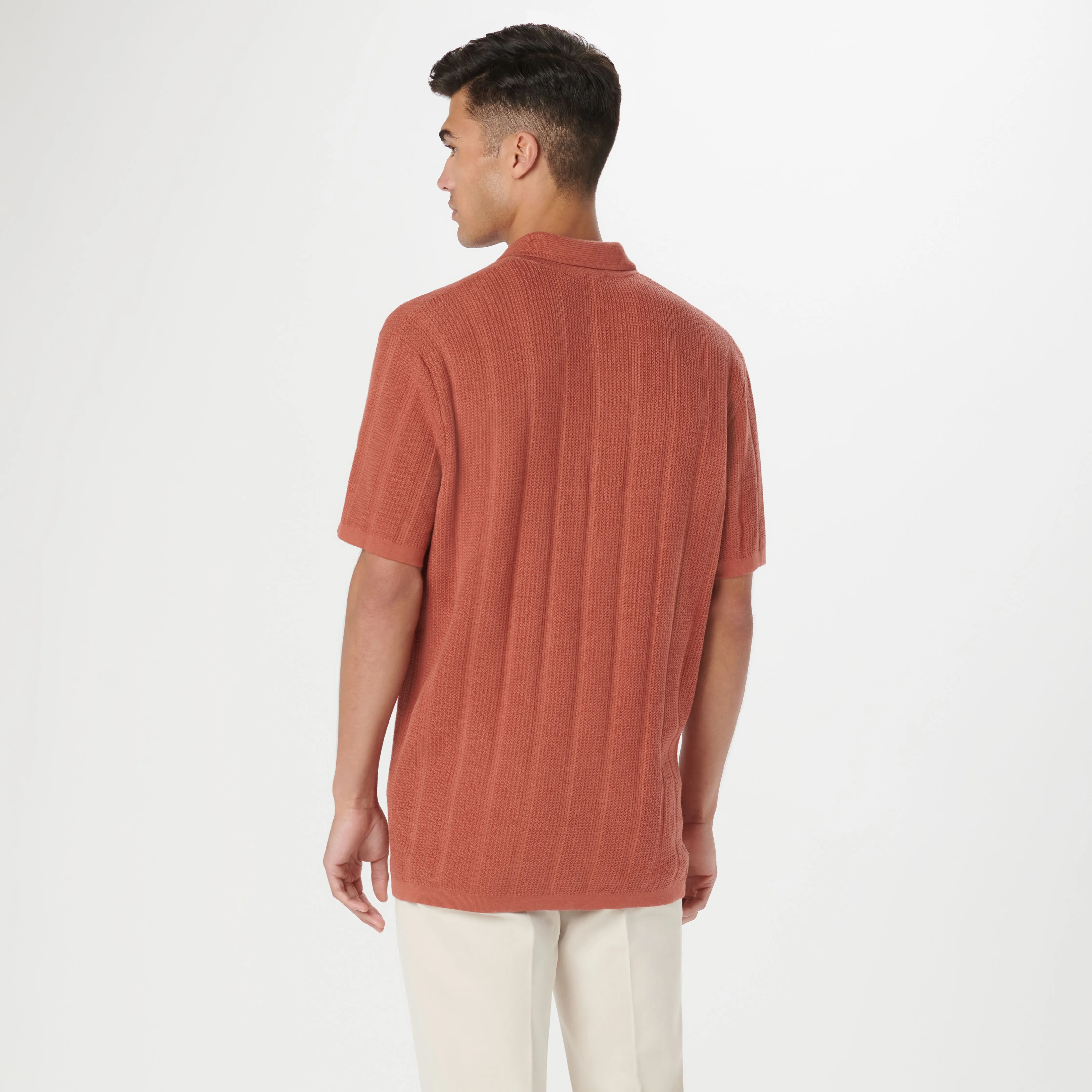 Waffle Rib Full Button Short Sleeve Polo Sweater