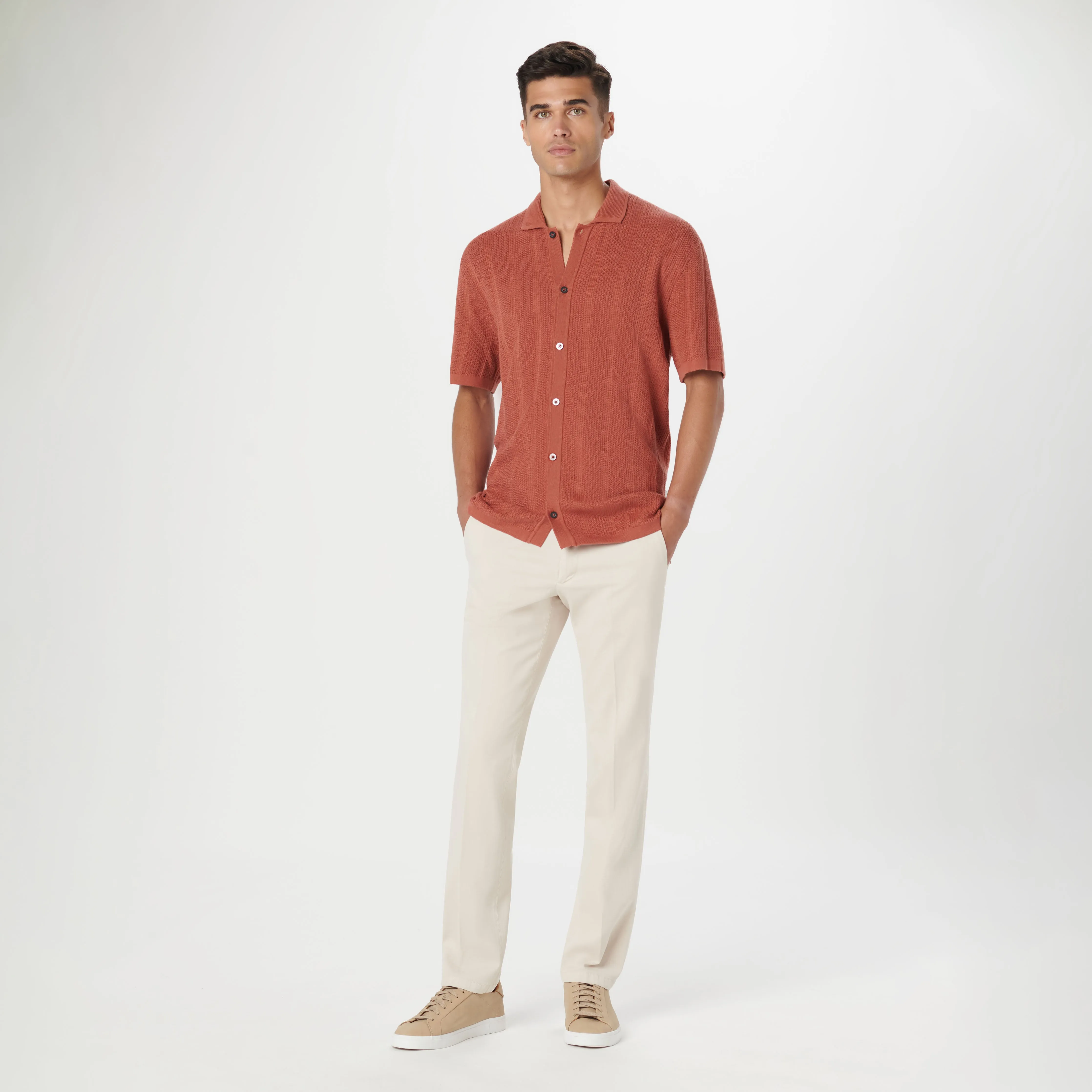 Waffle Rib Full Button Short Sleeve Polo Sweater