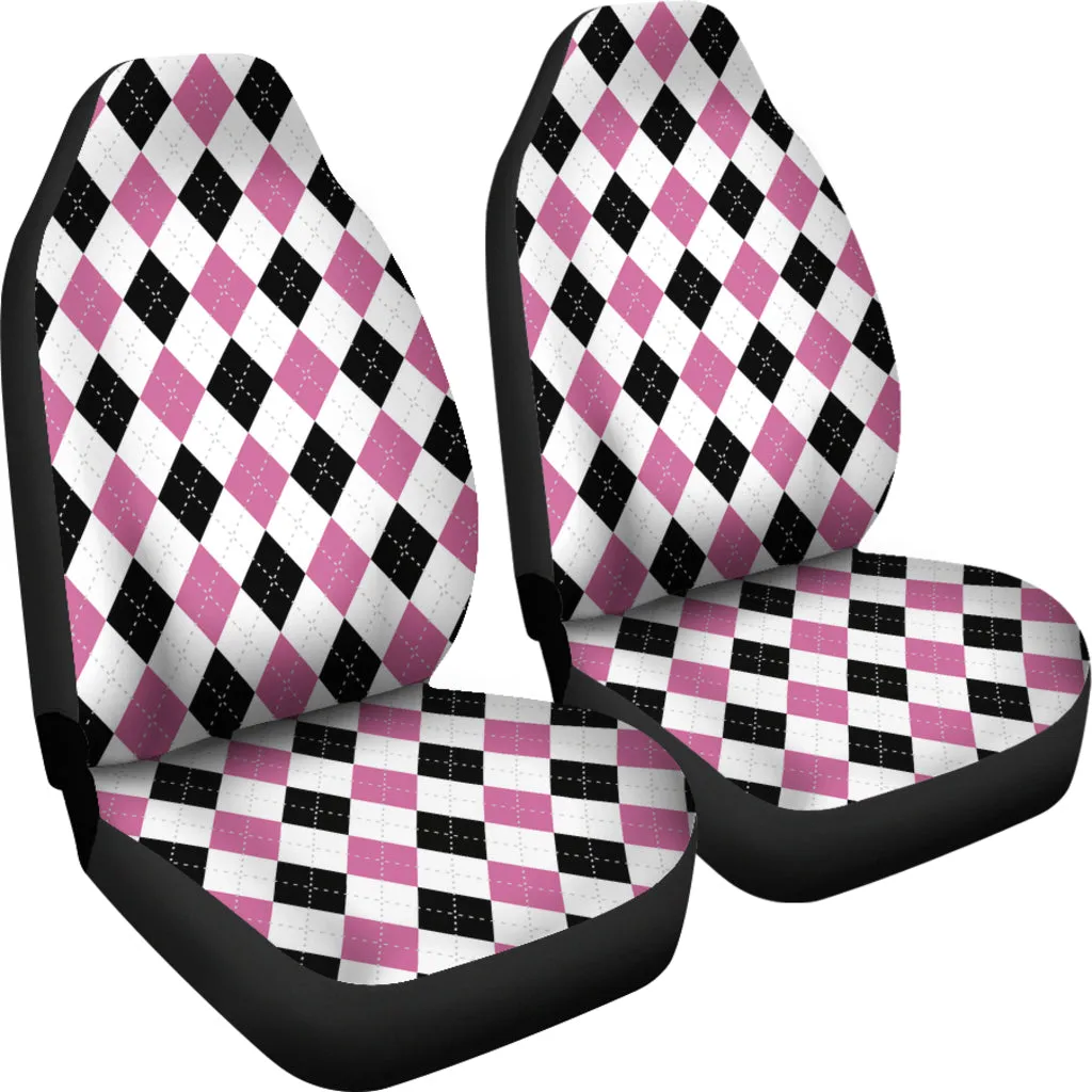 White Pink and Black Argyle Pattern Car Seat Covers Preppy and Girly