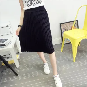 Women's Cute Pleated Korean Midi Skirt 2016 Autumn Winter Casual High Waist Stretchy Knitted Cotton Wool Slim Black Skirts SK104