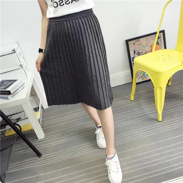 Women's Cute Pleated Korean Midi Skirt 2016 Autumn Winter Casual High Waist Stretchy Knitted Cotton Wool Slim Black Skirts SK104
