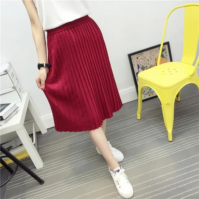 Women's Cute Pleated Korean Midi Skirt 2016 Autumn Winter Casual High Waist Stretchy Knitted Cotton Wool Slim Black Skirts SK104