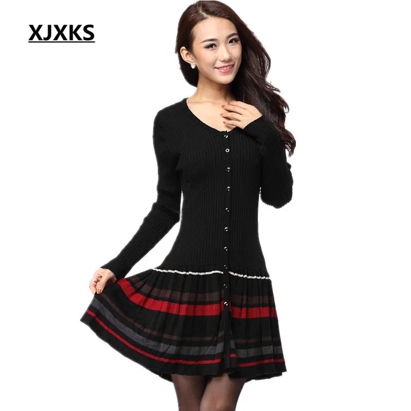 XJXKS New 2017 autumn winter dress long-sleeve clothing one-piece dress Warm sheep wool knitted stripe pleated Casual dress