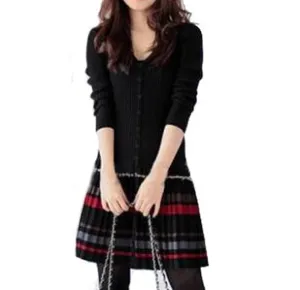 XJXKS New 2017 autumn winter dress long-sleeve clothing one-piece dress Warm sheep wool knitted stripe pleated Casual dress